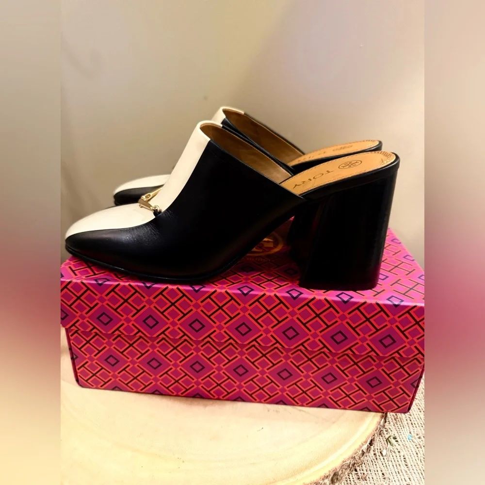 TORY BURCH EQUESTRIAN LINK MULE 80MM PUMP LEATHER BLACK/DULCE DE LECHE SZ US 8 - Picture 6 of 11